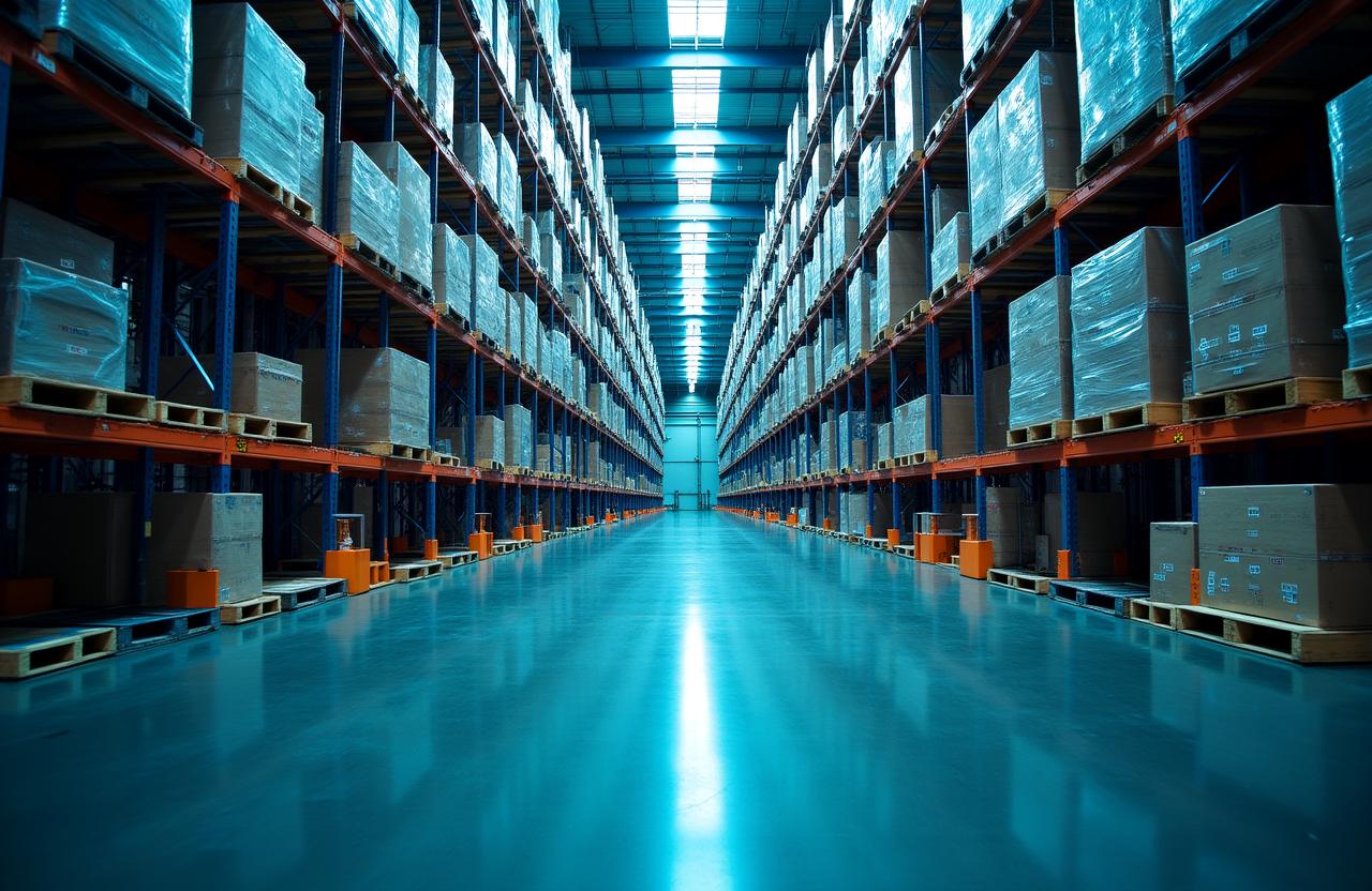 Modern logistics hub interior with high-bay racking